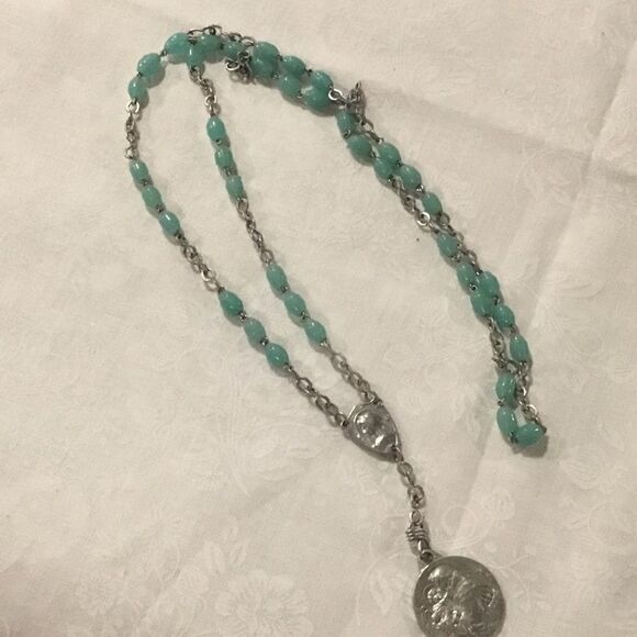 Aqua Bead and Silvertone Rosary - Picture 5 of 5